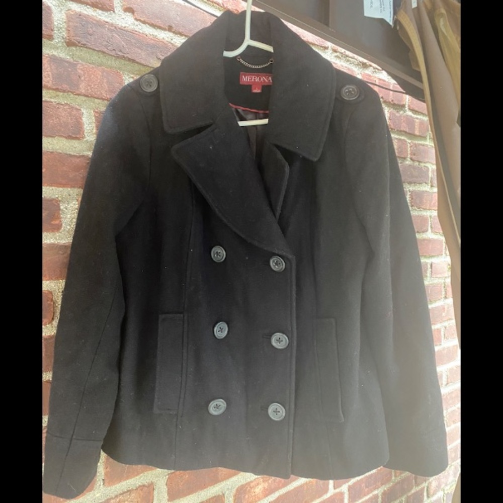 EUC! Merona Men’s Peacoat Wool Blend Double Breasted Quilted Lined Insulated L